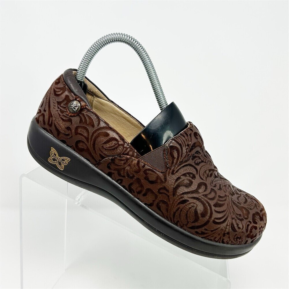Alegria Keli Professional Women's Work Clogs Brown Embossed Paisley Slip Size 38